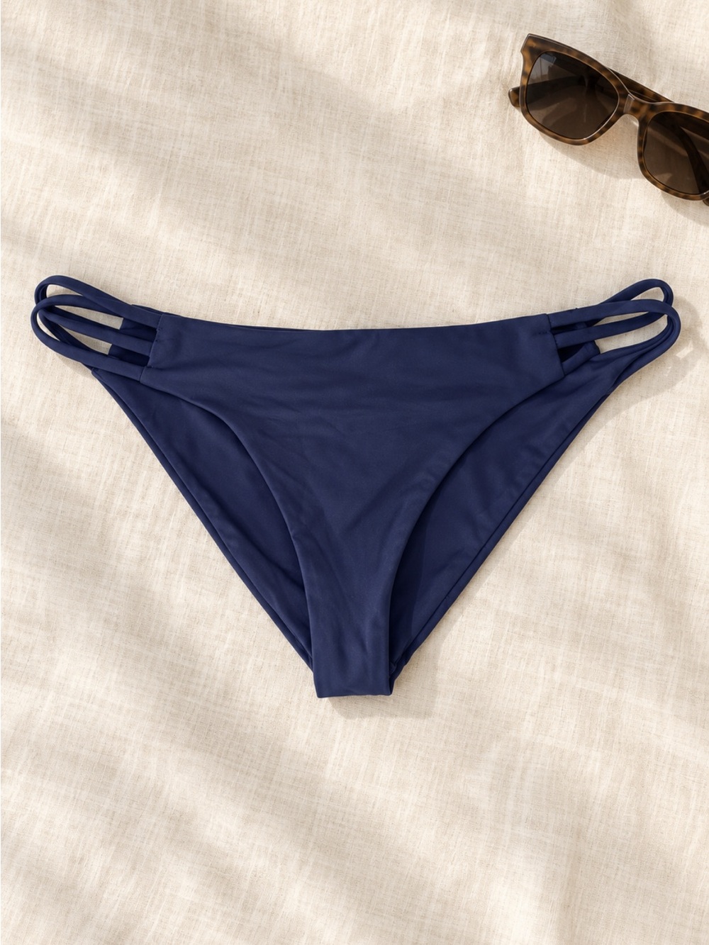 New! Frankies Bikinis Navy Strappy Side Bikini Bottom Medium 34778